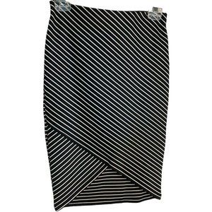 Popular Basics Women’s Black & White Striped Pencil Skirt M Faux Wrap Front Y2K